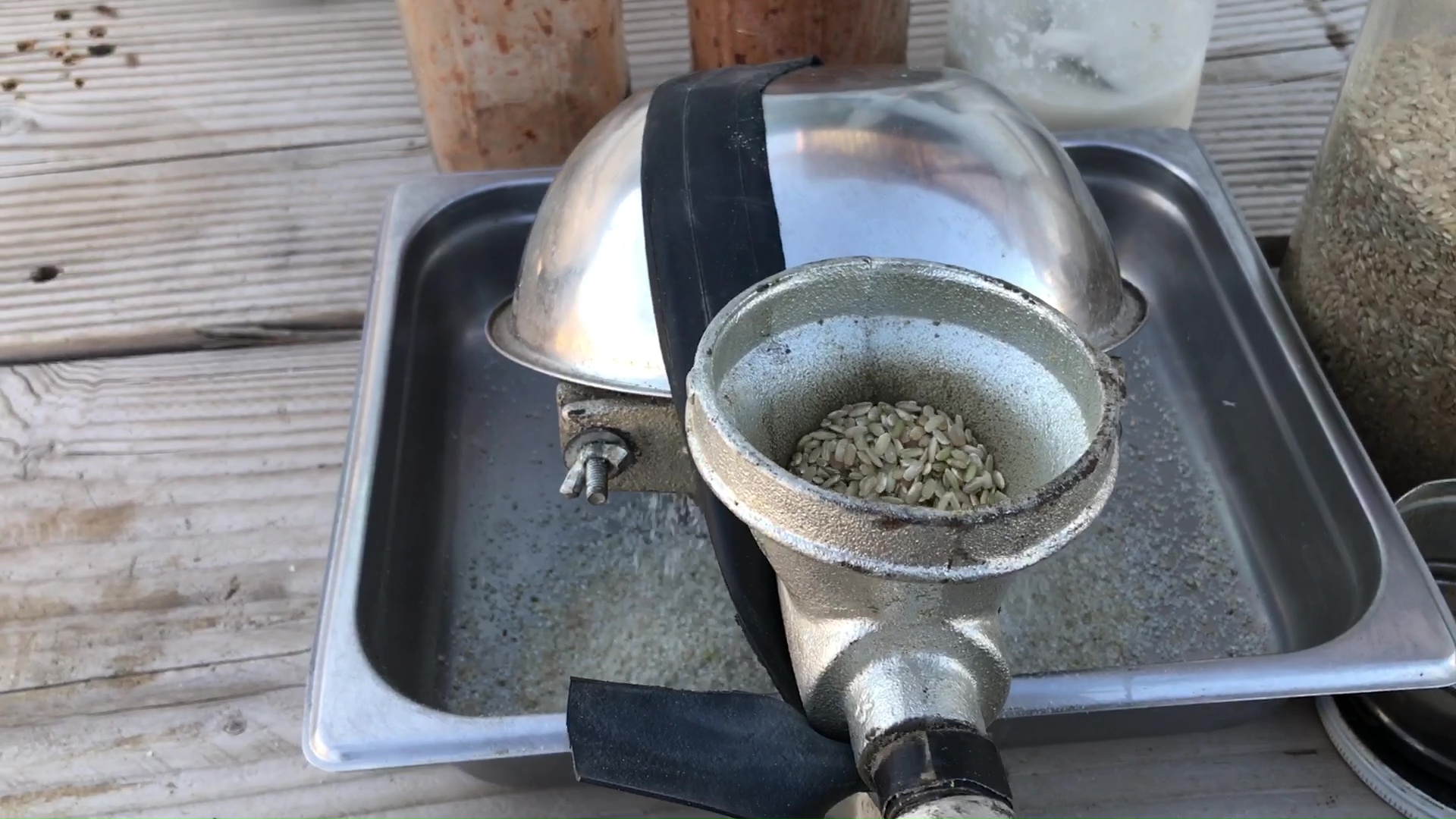 04 Bowl Attached To Grain Grinder With Bike Tube To Prevent Grounds From Flying