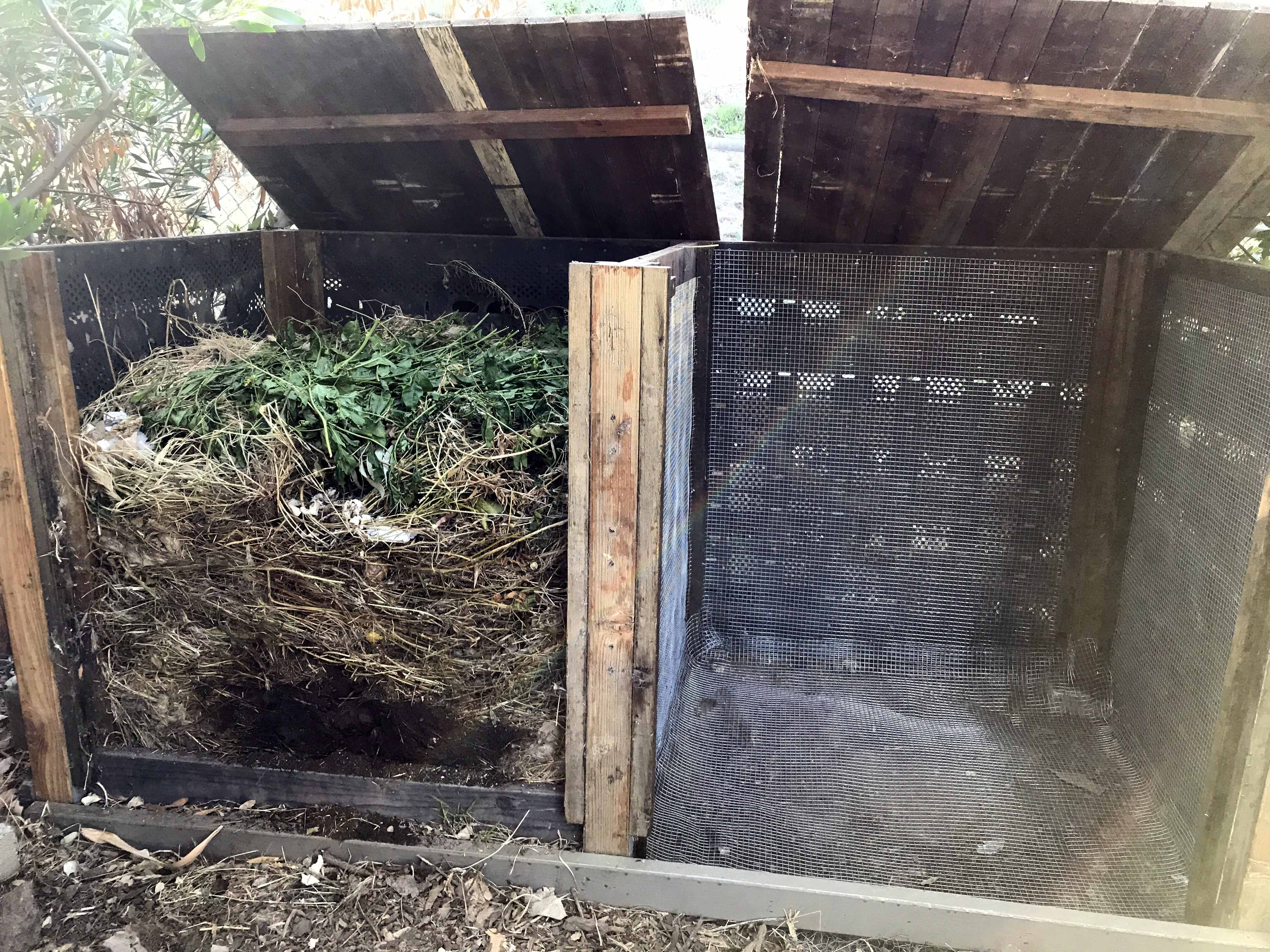 2 Stall Rodent Proof Rotating Thermophilic Compost Heap Bins made of Hardware Cloth & Salvaged Wood