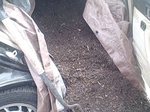 Tarp Lined Car Backseat Mulch Delivery